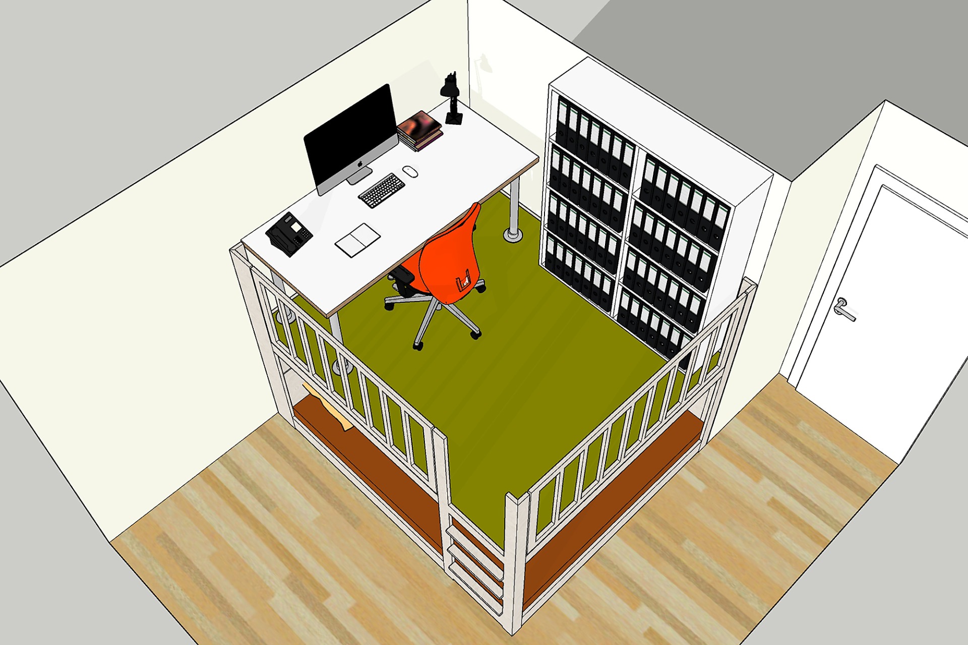 HOMEOFFICE-ARBEITSPLATZ Arbeitsplatz mit untergebautem Bett, Draufsicht