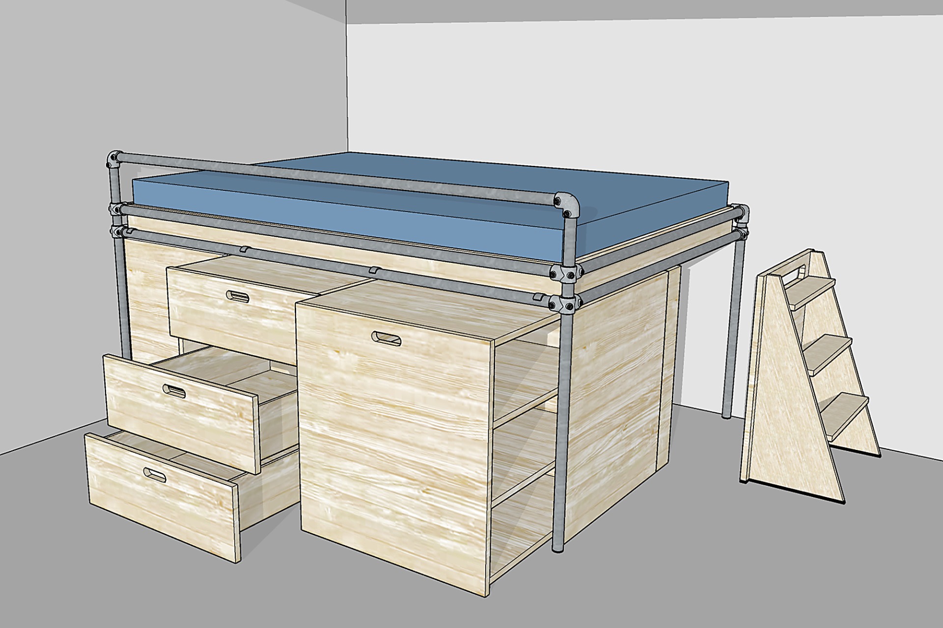 Podestbett aus Stahlrohren und System-Verbindern, mit Rollcontainern und Treppe, geöffnet